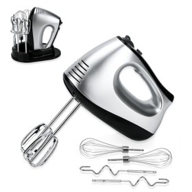 Lychee Fouet électrique anti-éclaboussures, 5 vitesses avec bouton turbo, avec base de rangement, 6 accessoires en acier inox