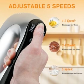 Lychee Fouet électrique anti-éclaboussures, 5 vitesses avec bouton turbo, avec base de rangement, 6 accessoires en acier inox