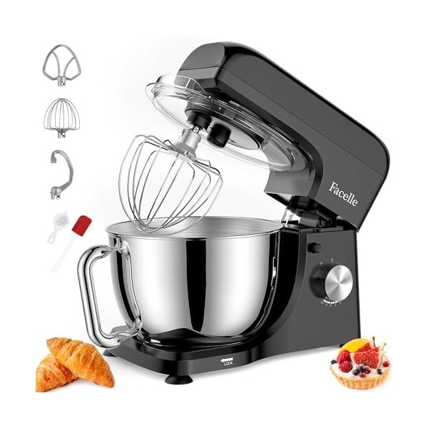 Robot Pâtissier Multifonction, Facelle 1300W Robot Patissier, 10 vitesses avec pulse Robot Petrin Professionnel, Robot de Cui