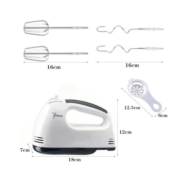 Batteur manuel 7 vitesses, batteur manuel 300 W, fouet et crochet pétrisseur en acier inoxydable & séparateur de protéines, s