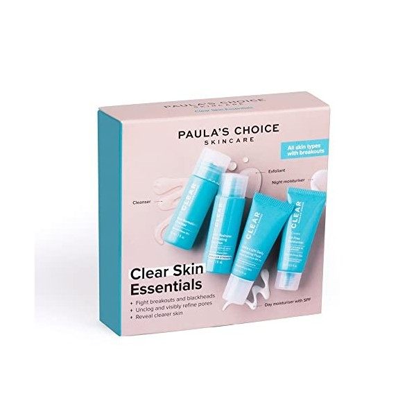 Paulas Choice Kit d’essai CLEAR Skin Essentials - Routine en 3 Étapes - Nettoyer, Exfolier & Hydrater - Élimine les Imperfec