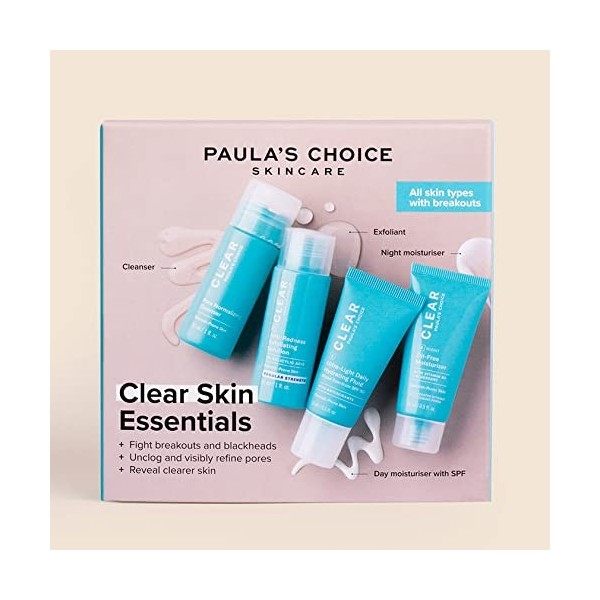 Paulas Choice Kit d’essai CLEAR Skin Essentials - Routine en 3 Étapes - Nettoyer, Exfolier & Hydrater - Élimine les Imperfec