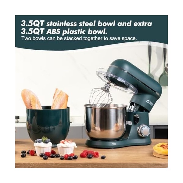 Kitchen in the Box 3,5 L 2 Bols Robot Pâtissier avec Fouet, Crochet Pétrisseur, Batteur, 10 Vitesses + Fonction Pulse, Vert