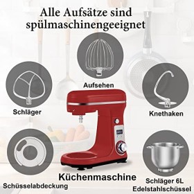 Biolomix Robot de cuisine électrique sur pied 6 vitesses avec tête inclinable et bol en acier inoxydable de 6 l, crochet de p