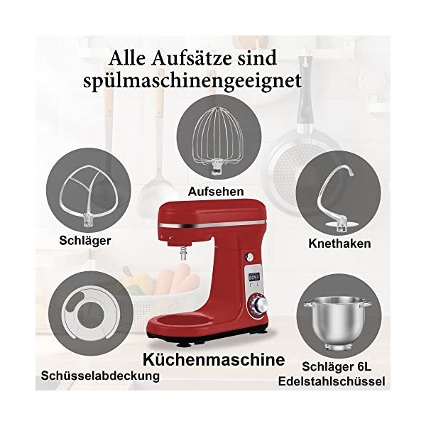 Biolomix Robot de cuisine électrique sur pied 6 vitesses avec tête inclinable et bol en acier inoxydable de 6 l, crochet de p