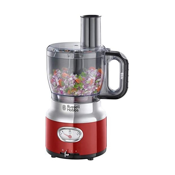 Russell Hobbs Robot Cuisine Multifonction 2,3L, Hâche, Mixe, Tranche, Râpe, Compatible Lave-Vaisselle, Design Vintage - Rouge