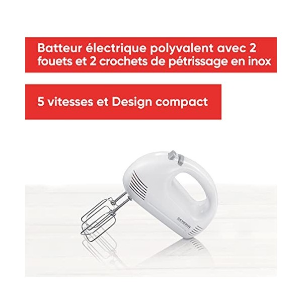 SEVERIN Batteur électrique 200 W, Fouet électrique compact avec 5 vitesses, Batteur mixeur livré avec 2 fouets et 2 crochets 