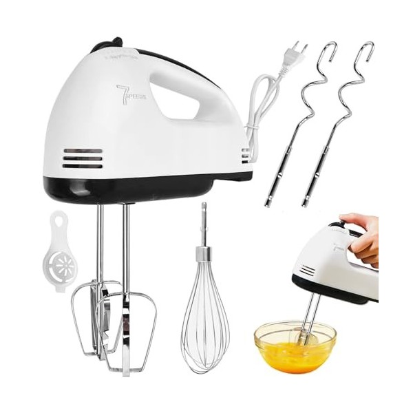 Batteur électrique : batteur à main à 7 niveaux avec poignée ergonomique, fouet électrique avec 2 fouets et 2 crochets pétris