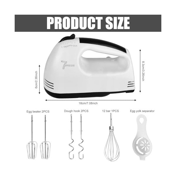 Batteur électrique : batteur à main à 7 niveaux avec poignée ergonomique, fouet électrique avec 2 fouets et 2 crochets pétris