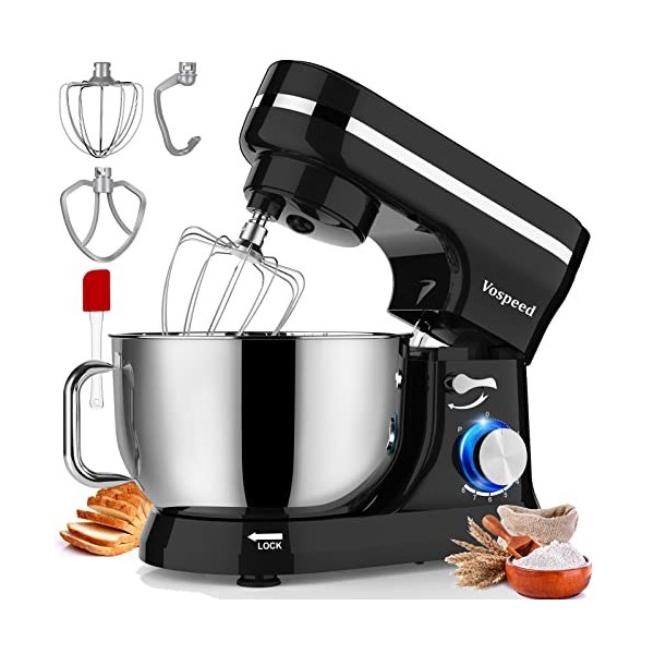 Robot Pâtissier Multifonctions, Vospeed Robot de Cuisine 1000W 5QT avec Fouet, Crochet Pétrisseur, Fouet à Gâteau, bol en aci