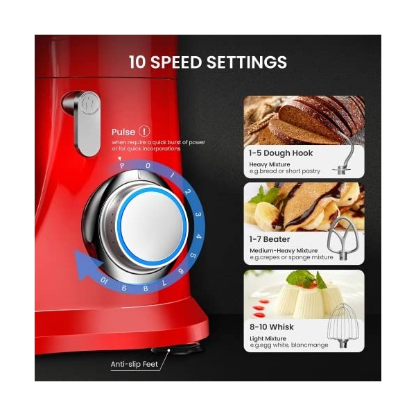 KICHOT 4.5L Robot Pâtissier, 1300W 10Vitesses Robot de Cuisine Multifonction, Robot Mixeur Pâtisserie, Bol dAcier Inoxydable