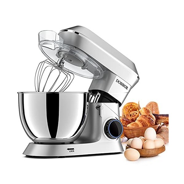 Pâtissier, DOBBOR 1500W Robot Batteur Patisserie avec Fouet, Batteur, Crochet, Bol dAcier Inoxydable, 7 Vitesses Faible Brui