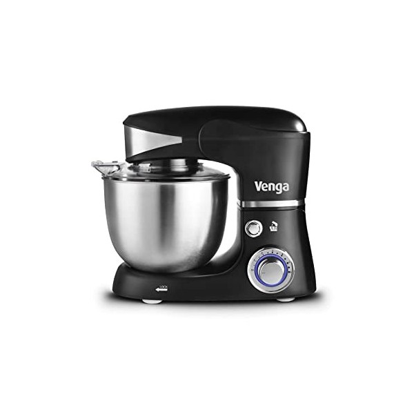 Venga! Robot Pâtissier, Bol Inox 5 L, 4 accessoires et Livre de Recettes, 1000 W, Noir, VG M 3014