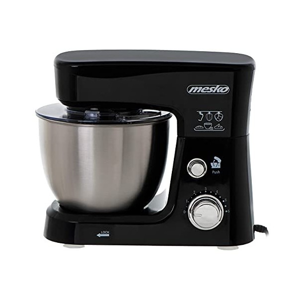 Mesko Robot pétrin avec bol en acier inoxydable de 3,5 L 6 vitesses Crochet pétrisseur, fouet, 1200 W Protection anti-éclabou