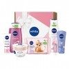 NIVEA Coffret cadeau rose, coffret soin comprenant shampooing, lingettes de nettoyage, soin de jour, gel douche hydratant, et