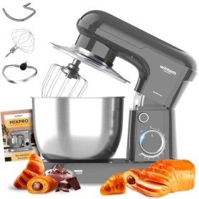 Avilia Pétrisseur planétaire Silver 1500W avec bol 5L en acier inoxydable – Silencieux avec 10 vitesses plus fonction pulse –