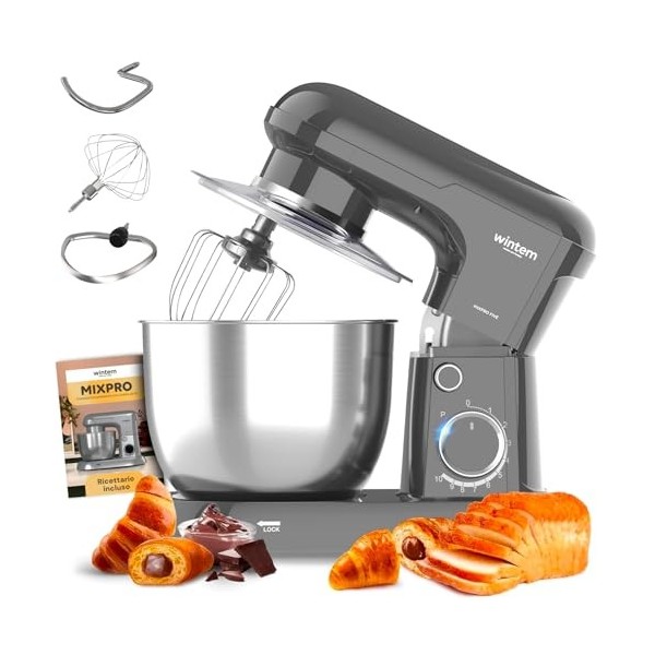 Avilia Pétrisseur planétaire Silver 1500W avec bol 5L en acier inoxydable – Silencieux avec 10 vitesses plus fonction pulse –