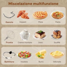 Avilia Pétrisseur planétaire Silver 1500W avec bol 5L en acier inoxydable – Silencieux avec 10 vitesses plus fonction pulse –