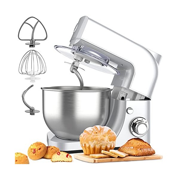 Robot Petrin, Robot Pâtissier Multifonctions de Cuisine, 6 Vitesses Robot Pétrin a Pain avec Bol, 4.8L Robot Patissier Puissa