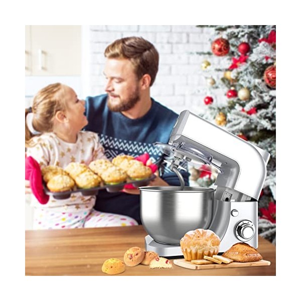 Robot Petrin, Robot Pâtissier Multifonctions de Cuisine, 6 Vitesses Robot Pétrin a Pain avec Bol, 4.8L Robot Patissier Puissa