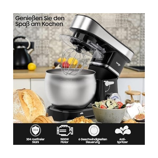 Iceagle Robot Patissier 6 L - 1500W Robot Batteur Électrique Cuisine - Petrin avec 6 Vitesses, Crochet Pétrisseur, Batteur, F