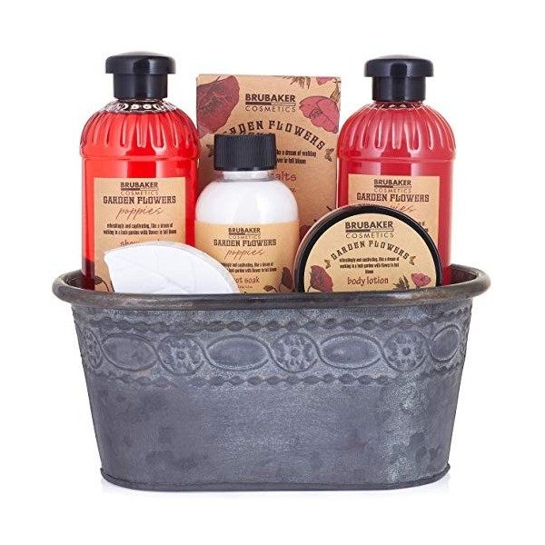 BRUBAKER Cosmetics - Coffret de bain & douche - Fleur de coquelicot - 7 Pièces - Bassine vintage décorative - Idée cadeau