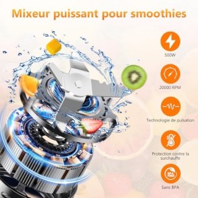 Blender Smoothie 500 W, Mixeur Blender avec 2 Bouteilles Tritan Portables de 570 ml, Mixeur Smoothie sans BPA avec 4 Lames en