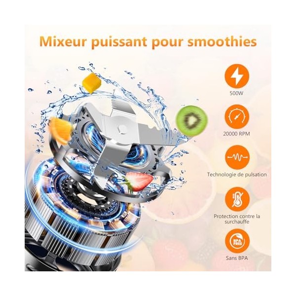 Blender Smoothie 500 W, Mixeur Blender avec 2 Bouteilles Tritan Portables de 570 ml, Mixeur Smoothie sans BPA avec 4 Lames en