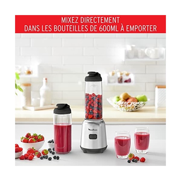 Moulinex Mix & Move Blender mixeur, 300 W, Capacité totale 0,8 L, Capacité utile 0,6 L, 2 bouteilles à emporter en Tritan, Co