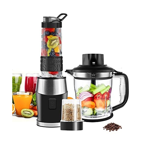 Blender Mixeur 3-en-1, 700W Blender Smoothie 24000 tours/min, avec pot de 1,2 L/bouteille de sport de 570 ml/tasse de broyage