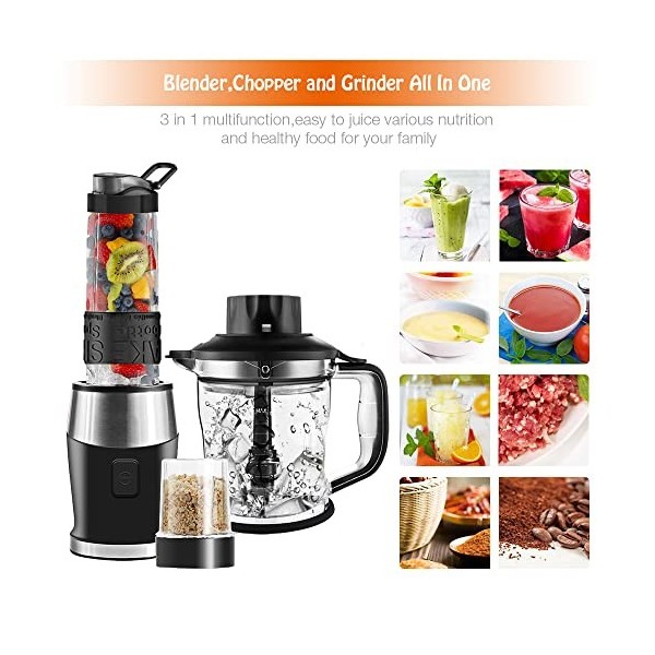 Blender Mixeur 3-en-1, 700W Blender Smoothie 24000 tours/min, avec pot de 1,2 L/bouteille de sport de 570 ml/tasse de broyage