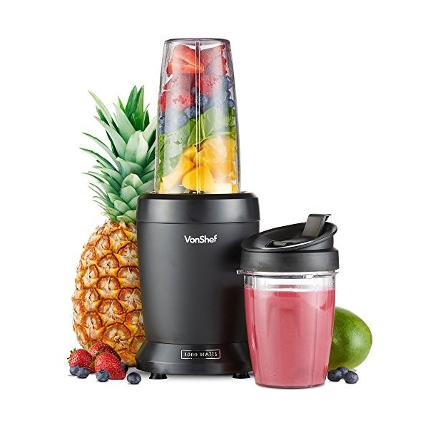 VonShef Blender Smoothie de 1000 W - Mini Mixeur Blender pour Fruits, Légumes et Glace Pilée - Avec Tasses de Voyage de 500 m