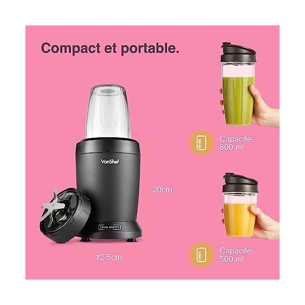 VonShef Blender Smoothie de 1000 W - Mini Mixeur Blender pour Fruits, Légumes et Glace Pilée - Avec Tasses de Voyage de 500 m