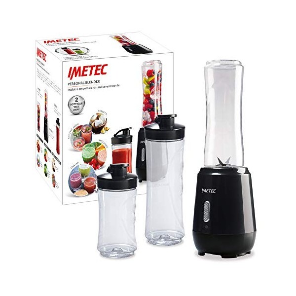 Imetec Personal et Sport Blender PB 100 Mini mélangeur avec 2 bouteilles Take-Away en Tritan sans BPA, 4 lames en acier inoxy