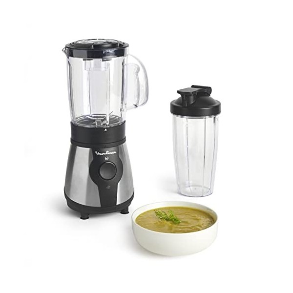 Moulinex Blender mixeur électrique, Puissance 300 W, Gourde plastique 750 ml, 4 lames amovibles, Finitions acier inoxydable, 