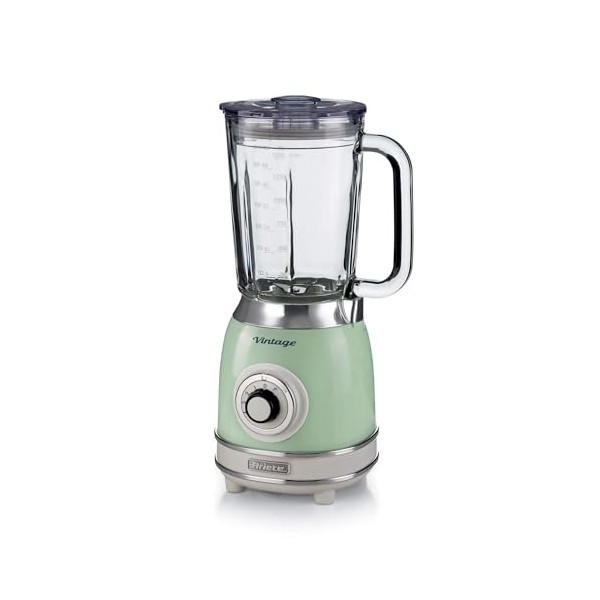 Ariete Mixeur en Verre Vintage 583, Blender Multifonctionnel avec 4 Lames, 4 Vitesses + Impulsion, Fonction Broyeur de Glace,