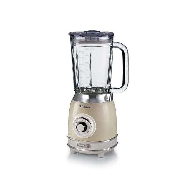 Ariete Mixeur en Verre Vintage 583, Blender Multifonctionnel avec 4 Lames, 4 Vitesses + Impulsion, Fonction Broyeur de Glace,