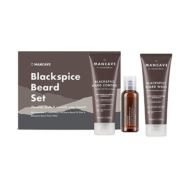 ManCave coffret cadeau barbe BlackSpice pour les hommes, contenu: solution nettoyante pour la barbe, huile pour la barbe et c