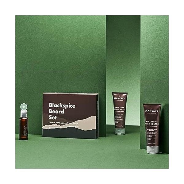 ManCave coffret cadeau barbe BlackSpice pour les hommes, contenu: solution nettoyante pour la barbe, huile pour la barbe et c