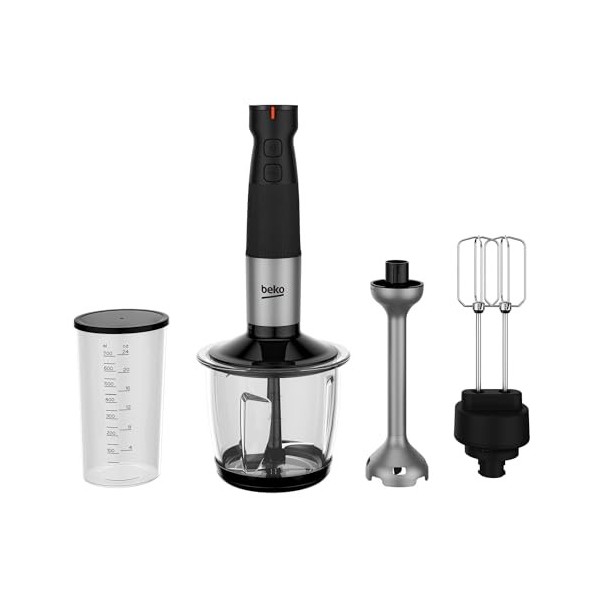 BEKO, Set Mixeur Plongeant, Puissance : 750 W, 12 vitesses + Turbo, 4 lames en étoile, Cloche anti éclaboussures, Verre doseu