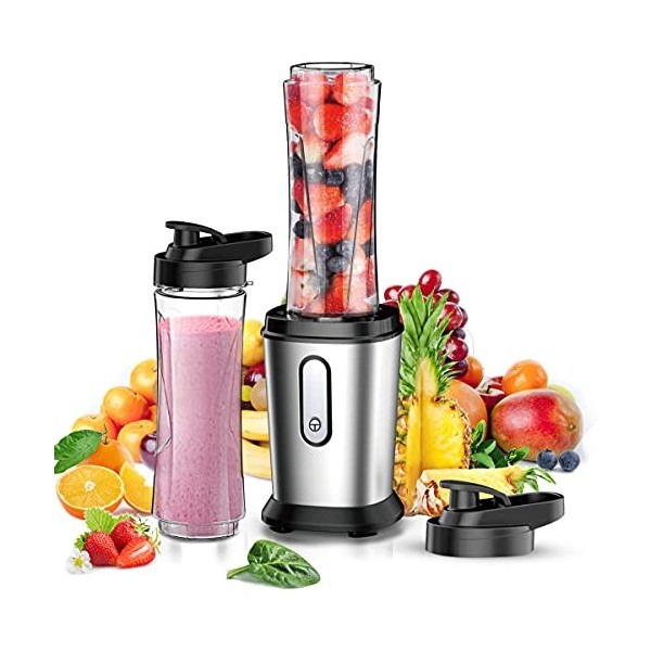 500W Mixeur Blender, Blender Smoothie Électrique avec 2 Bouteilles Tritan BPA-Free Portables de 600ml, Mixeur Smoothie avec 4