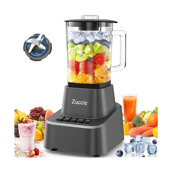 Zuccie Blender Mixeur 1200W Blender Smoothie 1.6L Mixeur Blender, 3 Vitesses + Fonction Dimpulsion, 6 Lames en Acier Inoxyda