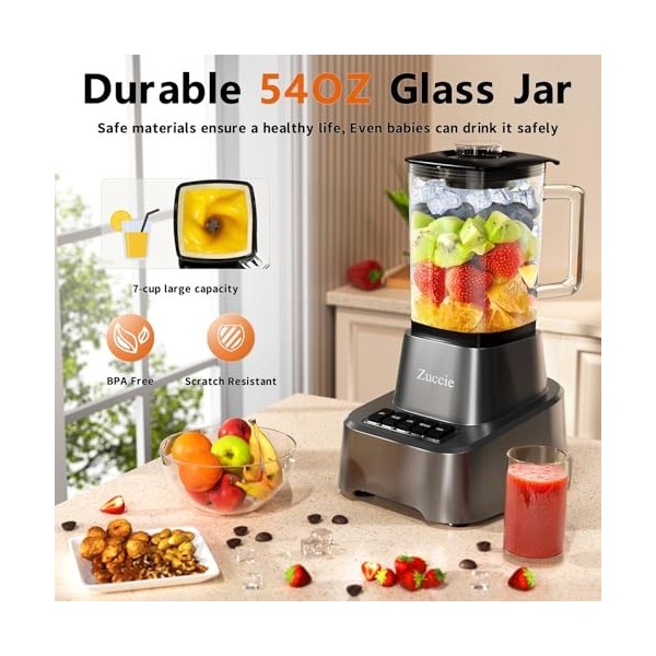 Zuccie Blender Mixeur 1200W Blender Smoothie 1.6L Mixeur Blender, 3 Vitesses + Fonction Dimpulsion, 6 Lames en Acier Inoxyda