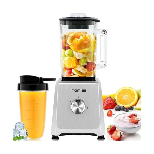 Homlee Blender Mixeur1200W Blender Smoothie avec 2 Vitesses et Fonction Pulse 1.6L blender en Verre,6 Lames en Acier Inoxydab