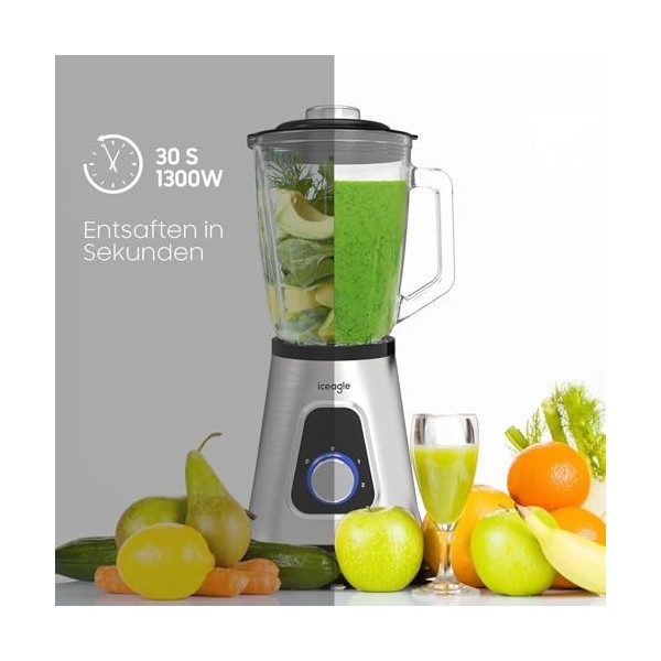 iceagle Blender Mixeur 1300W - 2-in-1 Blender Professionnel avec Bol verre 1,5 L & Tasse 600ml | Robots Multifonctions pour S
