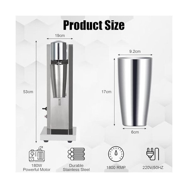Mixeur à milkshake 800 ml - Blender électrique en acier inoxydable - 180 W - 1800 tr/min - 2 vitesses - Shaker à protéines él
