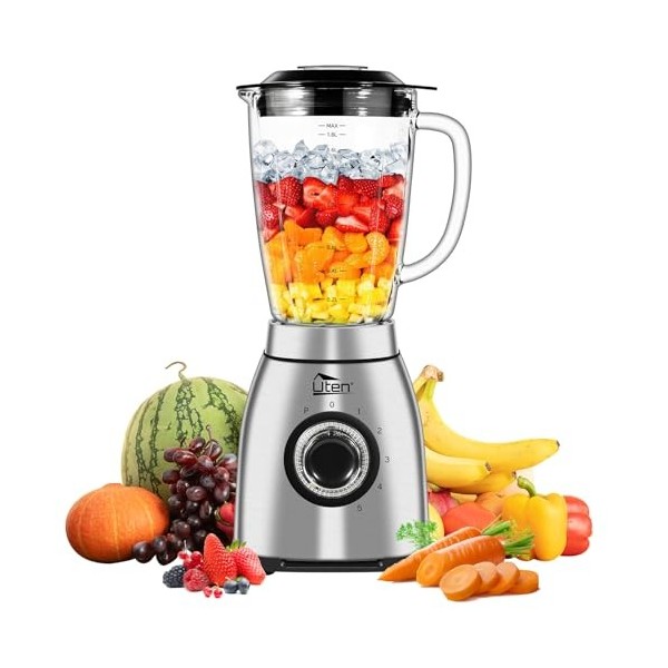 Uten Blender à Smoothie 2 L, Mixeur de Cuisine 1800 W, Impulsion et 5 Vitesses, Mixer sur Pied avec Bocal en Verre, Boîtier e