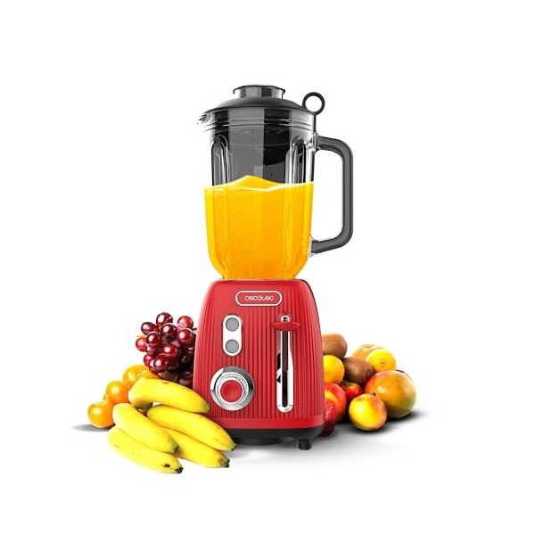 Cecotec Blender Mixeur Retro Power Black Titanium RetroRed. Puissance Maximale de 1200 W, 2 Vitesses, 4 Lames Revêtues de Tit