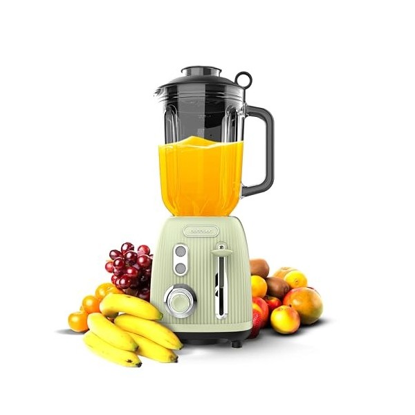 Cecotec Blender Mixeur Retro Power Black Titanium RetroGreen. Puissance Maximale de 1200 W, 2 Vitesses, 4 Lames avec Revêteme