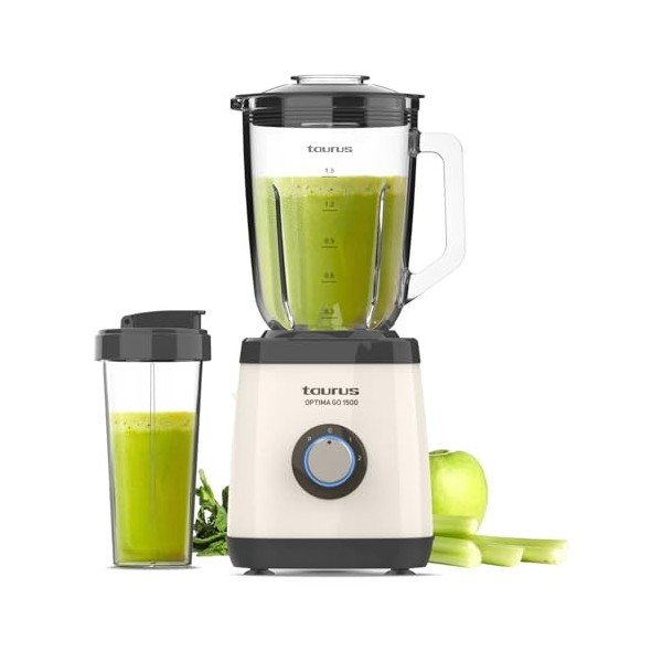 Taurus - Blender Optima Go | 1500W | Bouteille Portable 500ml | Lames 4 Fils | 2 Vitesses + Turbo | Acier Inoxydable | Antidé